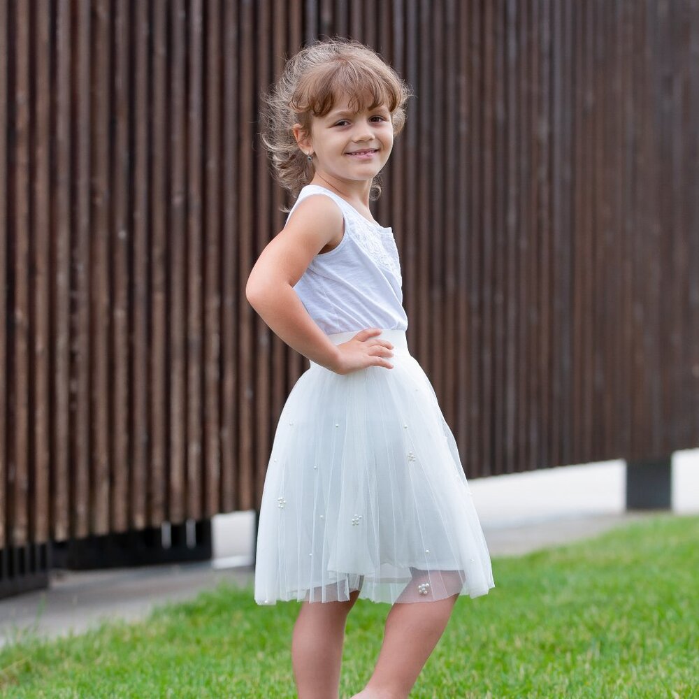 Eva Franco White Pleated Pearl Tulle Skirt - Girls NWT